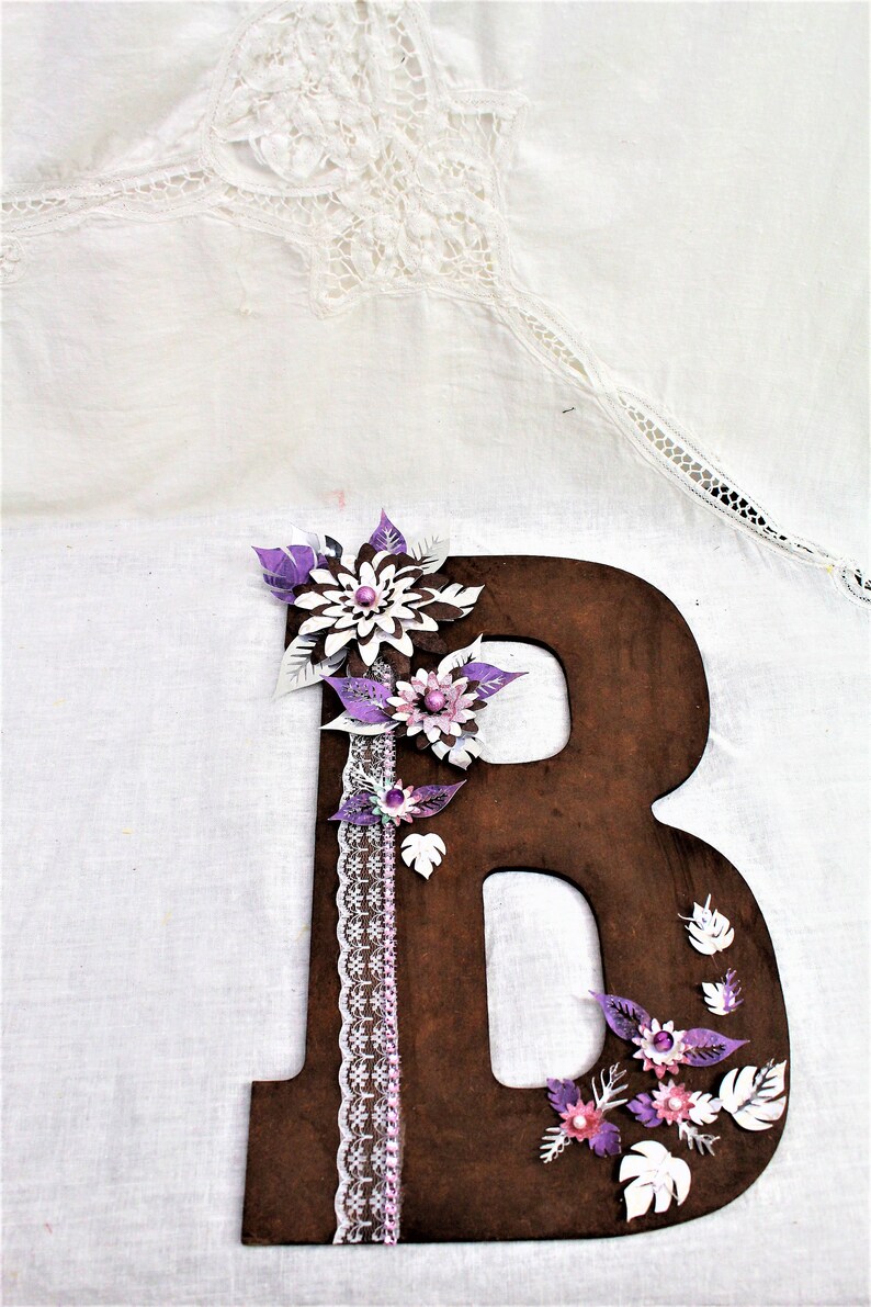 Wedding Nursery Letter Wood letter B Purple White Wedding Wood Initials Paper Flowers Rustic Wedding Letter Wedding Letter Initial