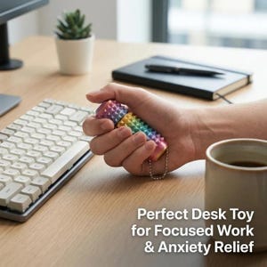 May include: A cylindrical metal fidget toy with a rainbow gradient finish and a textured, spiked surface. The object features a small metal ball chain attached to one end. The text "Perfect Desk Toy for Focused Work & Anxiety Relief" is visible.
