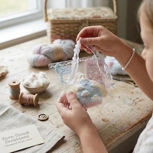 Peut inclure: Un petit ornement en forme de pull tricoté à la main dans des tons pastel bleu, jaune et rose, avec des motifs de nuages et d'étoiles blancs. L'article est emballé dans un sac en plastique transparent avec une anse en dentelle blanche.