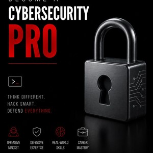 May include: A black background with white and red text reading "BECOME A CYBERSECURITY PRO". A metallic padlock is on the right. Below, the text reads "THINK DIFFERENT. HACK SMART. DEFEND EVERYTHING." and lists key skills.