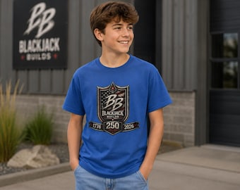 Kids Tee 250 Years Celebration Shirt Blackjack Builds Youth Graphic Tee Built Not Bought USA Shirt American Flag Wings Emblem