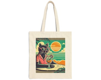 Cat with Sunglasses Tote Bag | Retro Tropical Sunset Cocktail Drink Canvas Bag