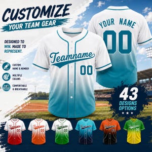 May include: A white and teal gradient baseball jersey featuring a button-down front, short sleeves, and the text Teamname with the number 00. The back displays the text Your Name and the number 00. Additional color variations are shown below.