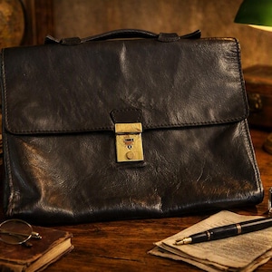 Vintage 1980s Leather Portfolio Case Black Document Bag Brass Push Lock Clutch