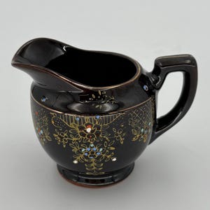 Vintage Japan Moriage Black Creamer Hand Painted Gold Floral Pitcher 3.25"