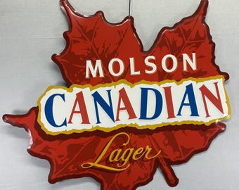 Vintage ~1990 Molson Canadian Lager Embossed Metal Sign (31" Die-Cut Maple Leaf)