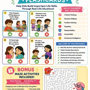 Puede incluir: Tarjetas didácticas tituladas "Tomando decisiones diarias" con ilustraciones coloridas de niños en diversas situaciones sociales. Las tarjetas tienen como objetivo desarrollar habilidades para la vida, incluido el pensamiento crítico y la resolución de problemas. Incluye actividades de laberinto adicionales.
