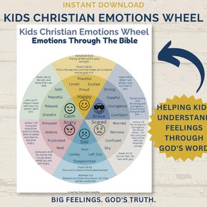 Op de afbeelding: Een Kids Christian Emotions Wheel kaart getiteld Emotions Through The Bible, met een cirkelvormig diagram verdeeld in gekleurde segmenten met diverse emoties, bijbehorende bijbelverzen en gezichtspictogrammen voor elk gevoel.