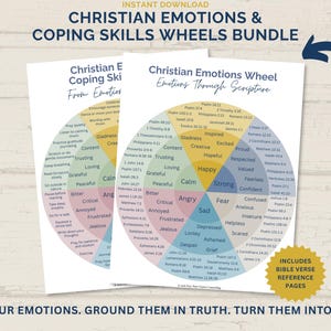 Op de afbeelding: Een digitaal downloadpakket met twee cirkelvormige grafieken getiteld Christian Emotions Wheel en Christian Emotions & Coping Skills Wheels. De grafieken gebruiken een kleurgecodeerd systeem om verschillende emoties en copingstrategieën te categoriseren met bijbehorende bijbelverzen.