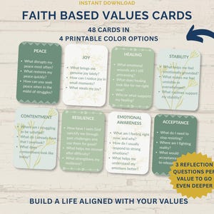 Faith Based Values Cards Printable | Christian Therapy Journal Prompt Cards | Self Reflection Mental Wellness Journal Prompts