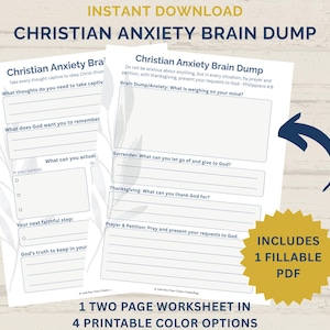 May include: A two-page Christian Anxiety Brain Dump worksheet featuring dark blue text on white paper with light gray leaf illustrations. The document includes sections for prayer, surrender, and thanksgiving, with a gold starburst graphic.
