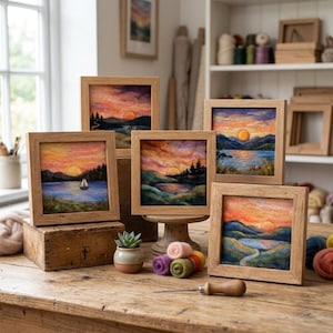 Könnte beinhalten: Fünf quadratische Holzrahmen mit gefilzten Landschaftsbildern, die Sonnenuntergänge über Seen, Bergen und Wäldern zeigen. Die Kunstwerke bestehen aus leuchtend orangefarbenen, violetten und blauen Wollfasern. Eine kleine Sukkulente im Keramiktopf und bunte Wollknäuel sind auf der Holzoberfläche arrangiert.