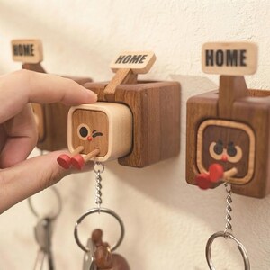 Wooden Key Holder, Interactive Keychain Organizer, Entryway Decor, Hand-Painted Wood Grain Hooks