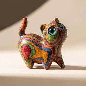 May include: A small cat figurine carved from multi-colored laminated wood, featuring vibrant layers of red, orange, yellow, green, and blue. The sculpture has a smooth, polished finish and large, glossy, teal-colored inset eyes looking upward.
