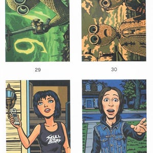 May include: A collection of four comic book panels labeled 29 through 32. Panels 29 and 30 show textured, goggle-wearing figures. Panel 31 features a person holding a phone wearing a Skull and Bones tank top. Panel 32 shows a person in a denim vest.