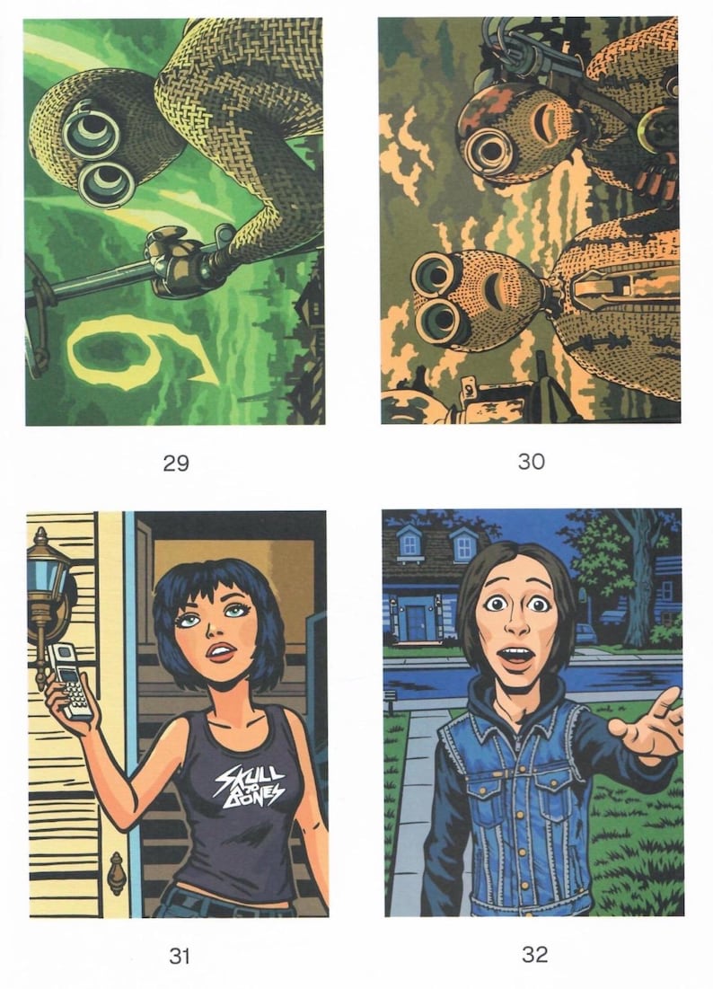 May include: A collection of four comic book panels labeled 29 through 32. Panels 29 and 30 show textured, goggle-wearing figures. Panel 31 features a person holding a phone wearing a Skull and Bones tank top. Panel 32 shows a person in a denim vest.