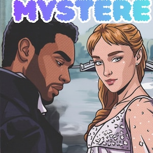 Könnte beinhalten: Ein Malbuch-Cover mit dem Text COLORIAGE MYSTERE in Blau und Lila. Die Illustration zeigt einen Mann mit dunklem Haar und eine Frau mit hellem Haar in einem romantischen Stil vor einem Hintergrund mit einer Brücke und lila Blumen.