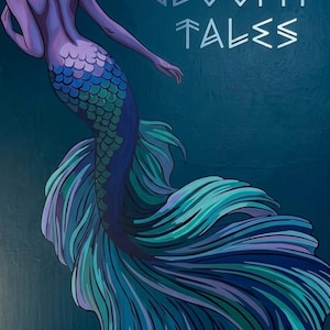 Peut inclure: Une illustration numérique d'une sirène aux cheveux sombres, au torse violet et à la longue queue fluide ornée d'écailles dans des tons de bleu, de sarcelle et de violet. Le texte GLOOMY TALES est écrit dans une police blanche angulaire sur fond bleu.