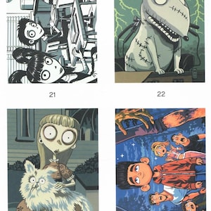 May include: A collection of four rectangular art prints labeled 21, 22, 23, and 24. Print 21 shows three characters in a classroom. Print 22 features a stitched dog with lightning. Print 23 depicts a girl with a fluffy cat. Print 24 shows four people.