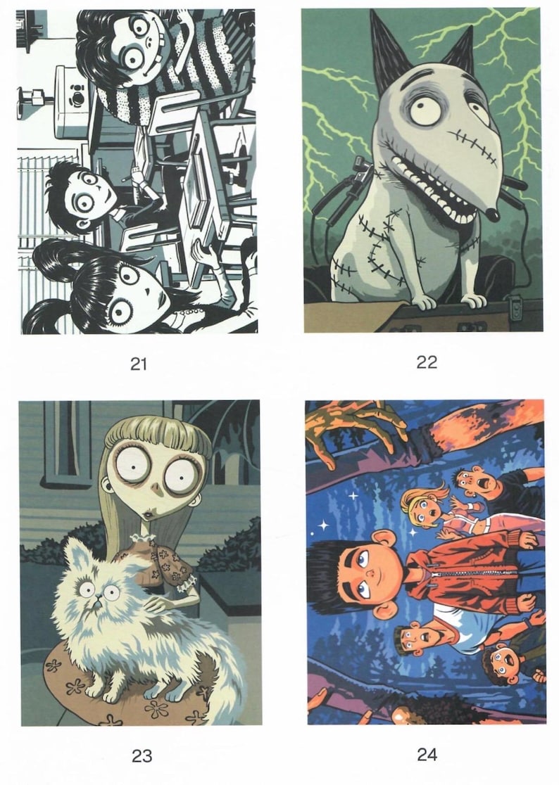 May include: A collection of four rectangular art prints labeled 21, 22, 23, and 24. Print 21 shows three characters in a classroom. Print 22 features a stitched dog with lightning. Print 23 depicts a girl with a fluffy cat. Print 24 shows four people.