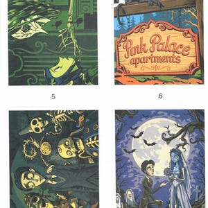 May include: A collection of four rectangular art prints featuring animated scenes. Image 5 shows a green-toned character with a skeletal hand. Image 6 depicts a black cat on a sign reading Pink Palace apartments. Image 7 shows skeletons and a man. Image 8 shows a man kneeling before a bride in a graveyard under a full moon.