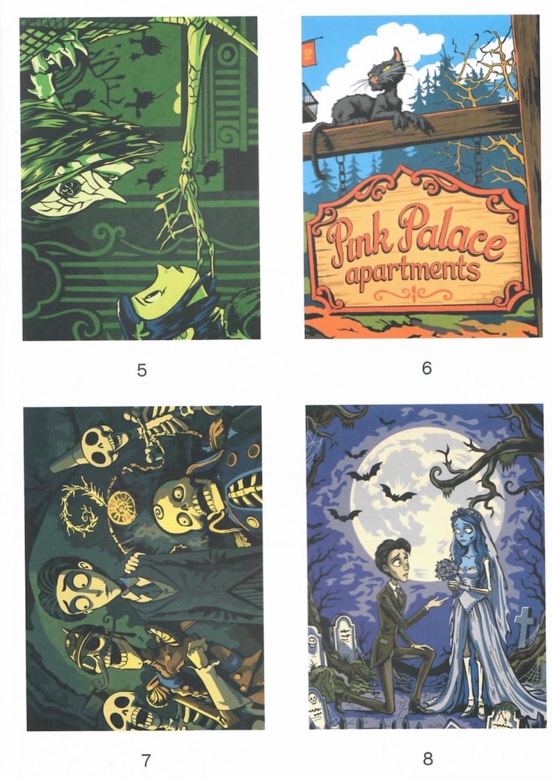 May include: A collection of four rectangular art prints featuring animated scenes. Image 5 shows a green-toned character with a skeletal hand. Image 6 depicts a black cat on a sign reading Pink Palace apartments. Image 7 shows skeletons and a man. Image 8 shows a man kneeling before a bride in a graveyard under a full moon.