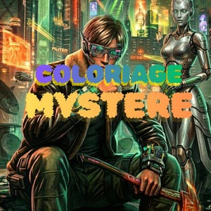 Pode incluir: Uma ilustração digital apresentando uma pessoa de cabelos castanhos usando óculos futuristas e uma jaqueta escura, segurando um machado brilhante. Ao lado, encontra-se um robô metálico. O texto COLORIAGE MYSTERE está sobreposto em letras roxas e laranjas.