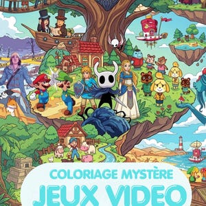 Puede incluir: Un libro de colorear misterioso de 50 páginas con temática de videojuegos, que presenta una ilustración vibrante y detallada de varios personajes icónicos de franquicias populares, incluidos Mario, Luigi, Link, Zelda y The Knight, en un paisaje fantástico.