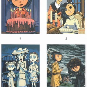 May include: A four-panel illustration featuring Coraline characters. Panel one shows a girl with blue hair and a cake. Panel two shows two figures with button eyes at a table. Panel three shows three figures with button eyes. Panel four shows two figures.