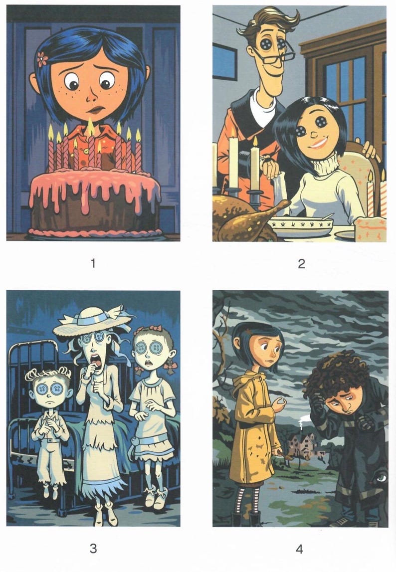 May include: A four-panel illustration featuring Coraline characters. Panel one shows a girl with blue hair and a cake. Panel two shows two figures with button eyes at a table. Panel three shows three figures with button eyes. Panel four shows two figures.