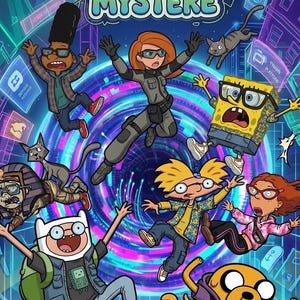 May include: A digital illustration titled COLORIAGE MYSTERE featuring various cartoon characters floating in a neon-lit portal. The scene includes figures like a yellow sponge, a boy with a football-shaped head, and a human with a green backpack.