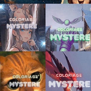 Op de afbeelding: Een digitale collage met de tekst PIXEL & COLORS en COLORIAGE MYSTERE. De afbeeldingen bevatten een gestileerde vrouw, een gevleugelde bol boven een hand, een close-up van een oranje kat met grote ogen en een rode draak die vuur spuwt.