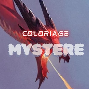 Puede incluir: Una ilustración digital de un dragón rojo con cuernos oscuros que exhala una corriente de fuego naranja. El texto COLORIAGE aparece en una fuente digital roja sobre la palabra MYSTERE, escrita en una fuente blanca, nublada y redondeada.