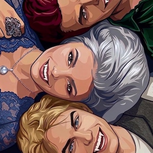 Peut inclure: Une illustration à colorier par numéros représentant trois personnes avec des crocs de vampire. La figure du haut a des cheveux rouge foncé et une chemise verte, celle du milieu des cheveux argentés et un haut en dentelle bleue, et celle du bas des cheveux blonds.