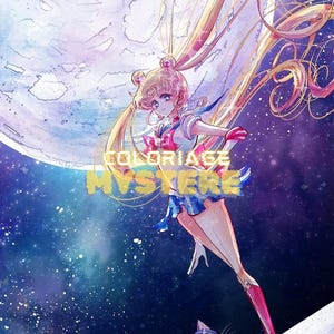 May include: A digital illustration featuring a blonde character with long pigtails in a blue and white sailor-style outfit, standing before a large moon and starry space background. A small purple cat sits below. The text COLORIAGE MYSTERE is visible.