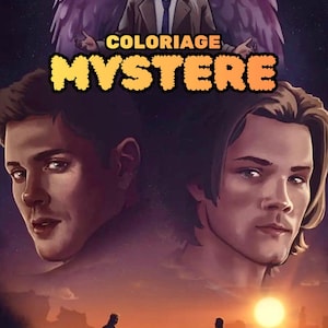 Peut inclure: Une illustration numérique représentant trois personnages, avec un homme ailé en haut et deux hommes en dessous. Le texte COLORIAGE MYSTERE est centré. En bas, deux silhouettes se tiennent près d'une voiture sur un fond de coucher de soleil.