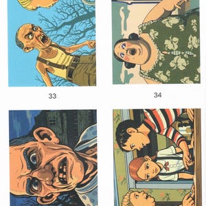 May include: A collection of four illustrated panels labeled 33, 34, 35, and 36. Panel 33 shows a person with a bicycle and an angry man. Panel 34 depicts a person in a green floral dress. Panel 35 shows a close-up of an elderly person. Panel 36 shows three people.