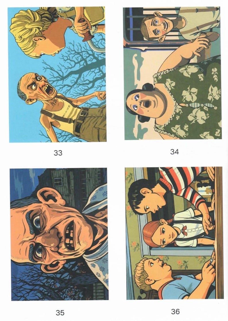 May include: A collection of four illustrated panels labeled 33, 34, 35, and 36. Panel 33 shows a person with a bicycle and an angry man. Panel 34 depicts a person in a green floral dress. Panel 35 shows a close-up of an elderly person. Panel 36 shows three people.