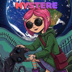 Peut inclure: Une illustration numérique montrant une personne aux cheveux roses, portant des lunettes rondes, un sweat à capuche vert, une jupe violette et des bottes violettes, caressant un chat noir à lunettes. Le texte COLORIAGE MYSTERE est visible.