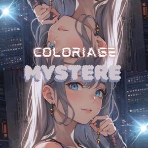 May include: A digital illustration featuring two mirrored anime-style characters with long silver hair and bright blue eyes against a dark city backdrop. The text COLORIAGE MYSTERE is centered in the middle, with white block letters above blue.