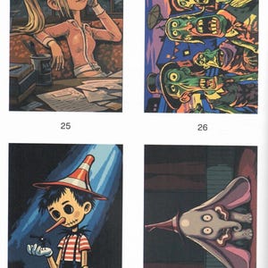 May include: A collection of four distinct illustrations labeled 25 through 28. Image 25 shows a blonde character on a phone. Image 26 depicts a group of green-skinned figures. Image 27 features a wooden puppet character. Image 28 shows a large-eared elephant.
