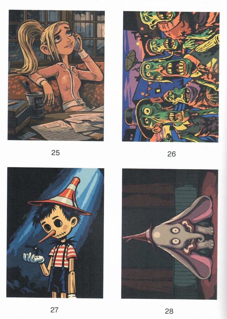 May include: A collection of four distinct illustrations labeled 25 through 28. Image 25 shows a blonde character on a phone. Image 26 depicts a group of green-skinned figures. Image 27 features a wooden puppet character. Image 28 shows a large-eared elephant.