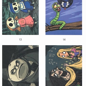 May include: A collection of four rectangular illustrations labeled 13 through 16. Panel 13 shows two skeleton figures and a skeleton dog. Panel 14 features a green worm and a large spider. Panel 15 depicts a round-faced man. Panel 16 shows two women.
