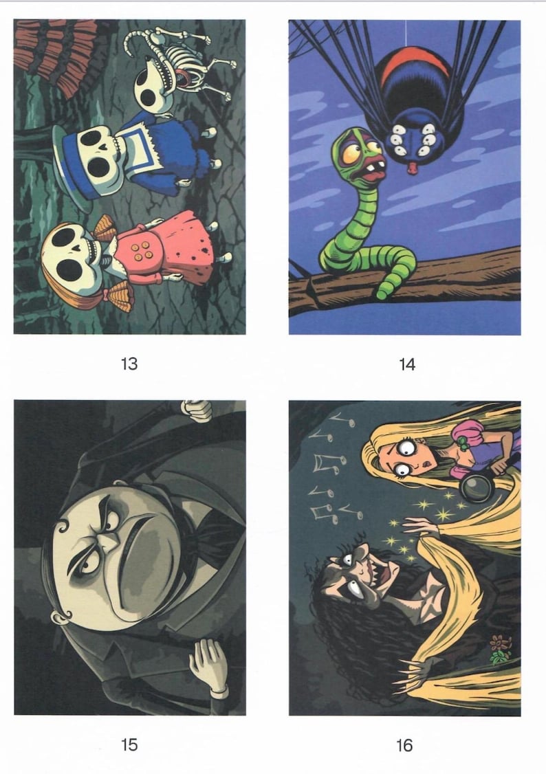 May include: A collection of four rectangular illustrations labeled 13 through 16. Panel 13 shows two skeleton figures and a skeleton dog. Panel 14 features a green worm and a large spider. Panel 15 depicts a round-faced man. Panel 16 shows two women.