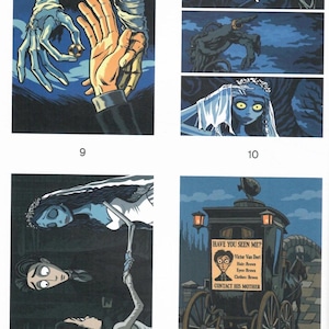 May include: A four-panel comic strip illustration featuring characters from Corpse Bride. Panels depict a skeletal hand offering a gold ring, a man in a suit, a blue-skinned bride, and a horse-drawn carriage with a missing person poster reading HAVE YOU SEEN ME? Victor Van Dort Hair: Brown Eyes: Brown Clothes: Brown CONTACT HIS MOTHER.