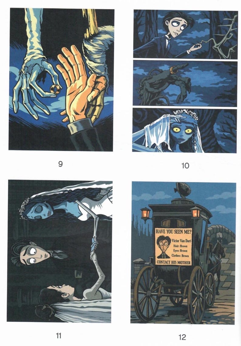 May include: A four-panel comic strip illustration featuring characters from Corpse Bride. Panels depict a skeletal hand offering a gold ring, a man in a suit, a blue-skinned bride, and a horse-drawn carriage with a missing person poster reading HAVE YOU SEEN ME? Victor Van Dort Hair: Brown Eyes: Brown Clothes: Brown CONTACT HIS MOTHER.