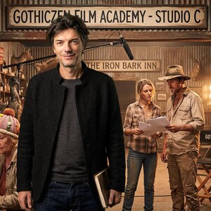 May include: A group of people in a rustic film set environment with signs reading GOTHICZEN FILM ACADEMY - STUDIO C and THE IRON BARK INN. A central figure stands in the foreground, while others are seated or standing, including a person reading a newspaper.