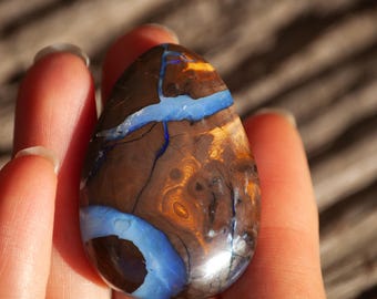 Large Boulder Opal Cabochon 89ct | Solid Australian Teardrop Opal, Blue Crystal Ribbon Stone