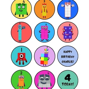 May include: A set of twelve circular stickers featuring Numberblocks characters labelled with numbers 1 through 10, plus two stickers with the text "HAPPY BIRTHDAY CHARLIE!" and "4 TODAY!" in various bright colours including yellow, orange, blue, red, and green.