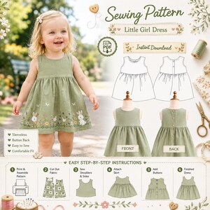 Girls Dress Sewing Pattern, Sewing Patterns for Beginners Kids Clothing Ideas Linen Sundress Project Baby Gift to Sew
